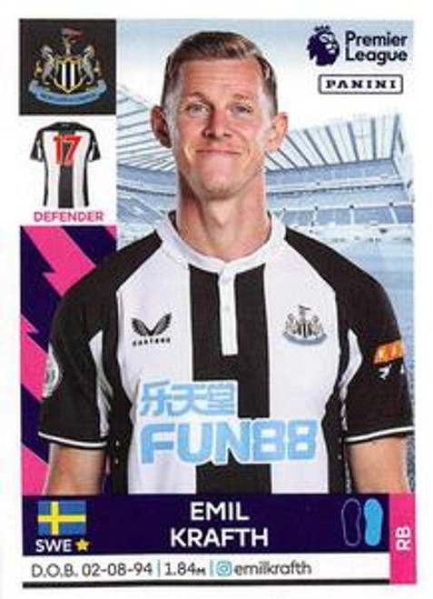 #442 Emil Krafth (Newcastle United) Panini Premier League 2022 Sticker Collection