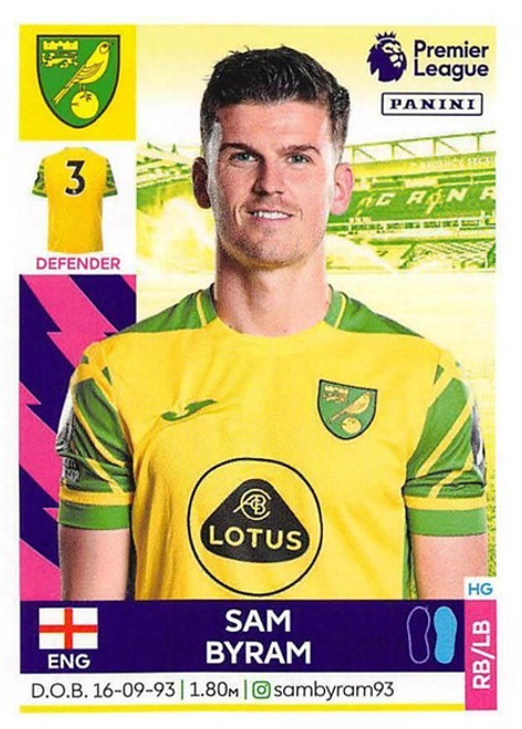 #467 Sam Byram (Norwich City) Panini Premier League 2022 Sticker Collection