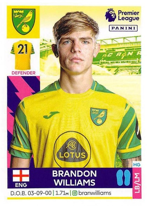 #472 Brandon Williams (Norwich City) Panini Premier League 2022 Sticker Collection