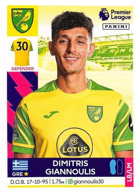 #473 Dimitris Giannoulis (Norwich City) Panini Premier League 2022 Sticker Collection