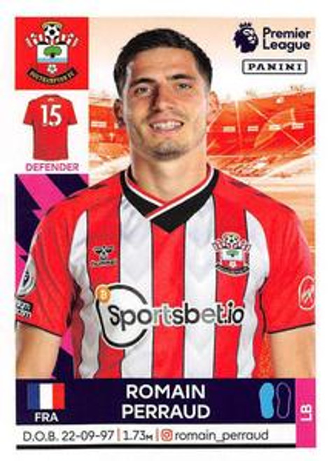 #498 Romain Perraud (Southampton) Panini Premier League 2022 Sticker Collection