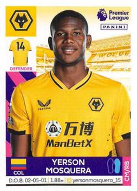#614 Yerson Mosquera (Wolverhampton Wanderers) Panini Premier League 2022 Sticker Collection