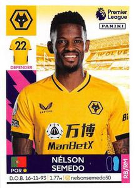 #618 Nelson Semedo (Wolverhampton Wanderers) Panini Premier League 2022 Sticker Collection