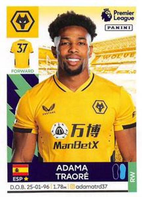 #631 Adama Traore (Wolverhampton Wanderers) Panini Premier League 2022 Sticker Collection