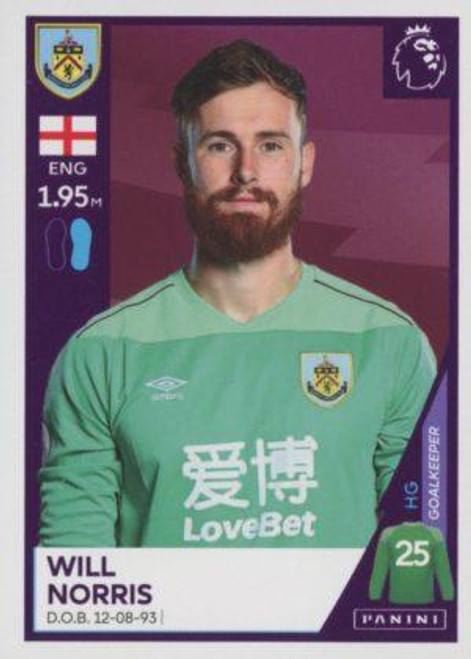 #113 Will Norris (Burnley) Panini Premier League 2021 Sticker Collection