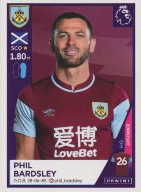 #119 Phil Bardsley (Burnley) Panini Premier League 2021 Sticker Collection