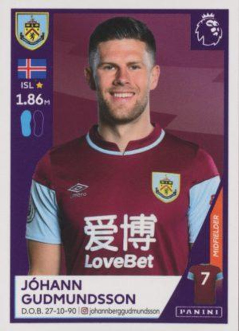 #124 Johann Gudmundsson (Burnley) Panini Premier League 2021 Sticker Collection