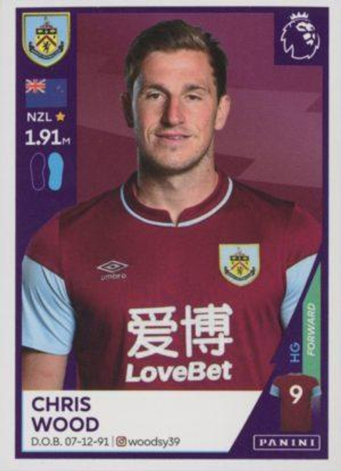 #130 Chris Wood (Burnley) Panini Premier League 2021 Sticker Collection