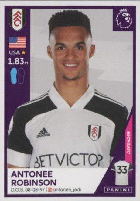 #235 Antonee Robinson (Fulham) Panini Premier League 2021 Sticker Collection