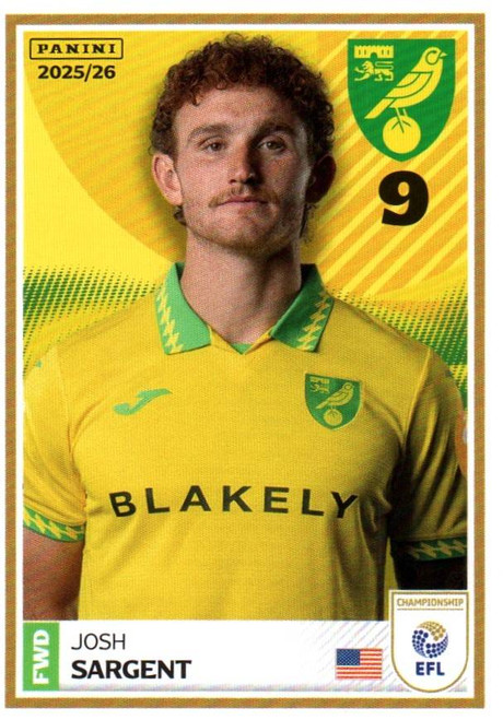 #230 Josh Sargent (Norwich City) Panini EFL 2025/26 Sticker Collection