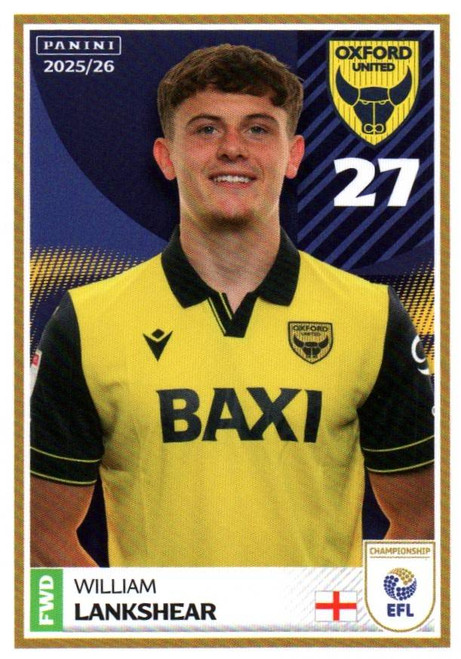 #274 William Lankshear (Oxford United) Panini EFL 2025/26 Sticker Collection