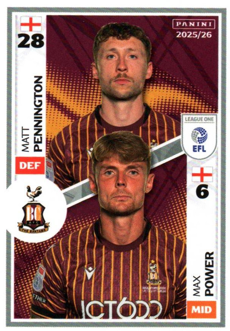 #520 Matt Pennington/ Max Power (Bradford City) Panini EFL 2025/26 Sticker Collection