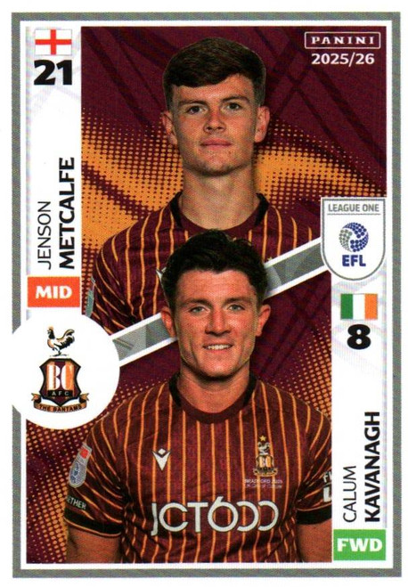 #523 Jenson Metcalfe/ Calum Kavanagh (Bradford City) Panini EFL 2025/26 Sticker Collection