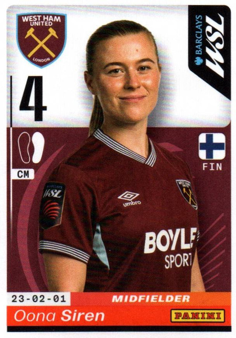#422 Oona Siren (West Ham United) Panini Women's Super League 2026 Sticker Collection