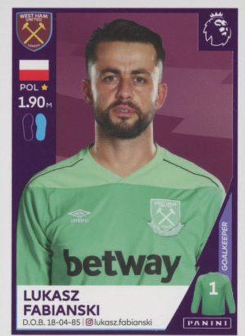 #586 Lukasz Fabianski (West Ham United) Panini Premier League 2021 Sticker Collection