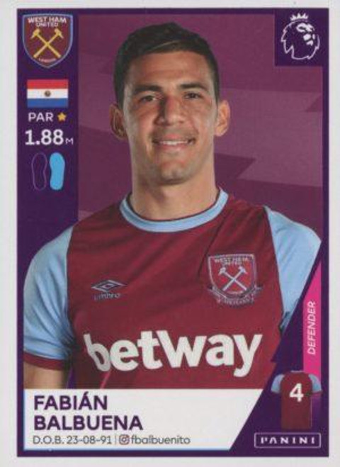 #590 Fabian Balbuena (West Ham United) Panini Premier League 2021 Sticker Collection