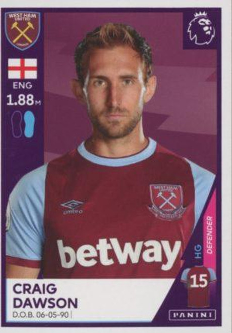 #592 Craig Dawson (West Ham United) Panini Premier League 2021 Sticker Collection