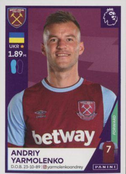 #604 Andriy Yarmolenko (West Ham United) Panini Premier League 2021 Sticker Collection