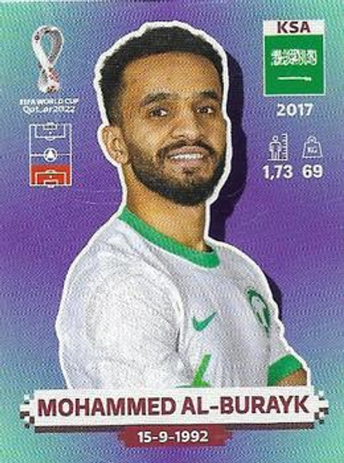 #KSA7 Mohammed Al-Burayk (Saudi Arabia) Panini Qatar 2022 World Cup Sticker Collection #KSA7 Mohammed Al-Burayk (Saudi Arabia) Panini Qatar 2022 World Cup Sticker Collection