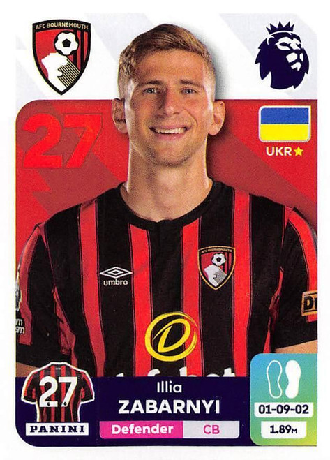 #30 Illia Zabarnyi (AFC Bournemouth) Panini Premier League 2024 Sticker Collection