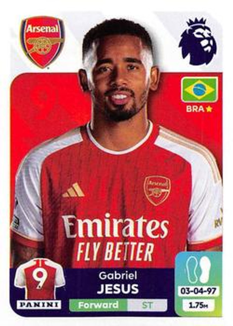 #69 Gabriel Jesus (Arsenal) Panini Premier League 2024 Sticker Collection