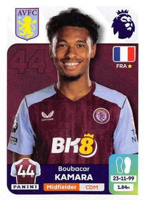 #100 Boubacar Kamara (Aston Villa) Panini Premier League 2024 Sticker Collection #100 Boubacar Kamara (Aston Villa) Panini Premier League 2024 Sticker Collection