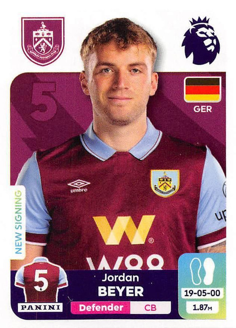 #172 Jordan Beyer (Burnley) Panini Premier League 2024 Sticker Collection