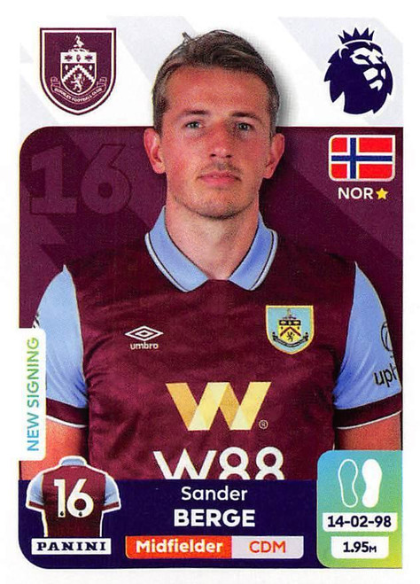 #181 Sander Berge (Burnley) Panini Premier League 2024 Sticker Collection