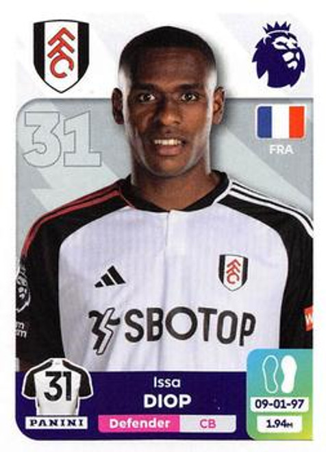 #292 Issa Diop (Fulham) Panini Premier League 2024 Sticker Collection