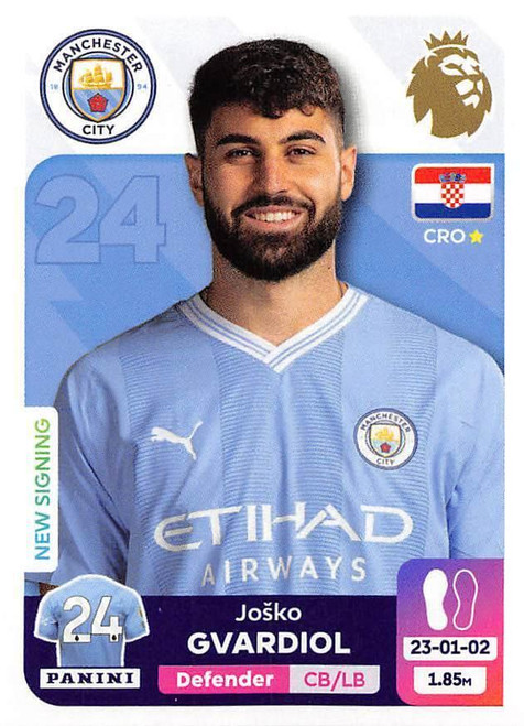 #413 Josko Gvardiol (Manchester City) Panini Premier League 2024 Sticker Collection