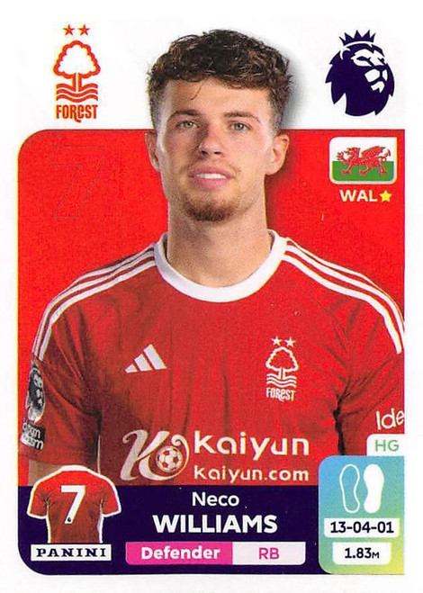 #497 Neco Williams (Nottingham Forest) Panini Premier League 2024 Sticker Collection