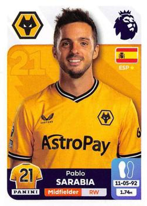 #623 Pablo Sarabia (Wolverhampton Wanderers) Panini Premier League 2024 Sticker Collection