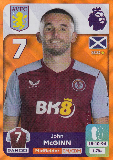 #93 John McGinn (Aston Villa) Panini Premier League 2024 Sticker Collection ORANGE PARALLEL