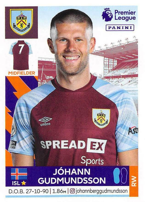 #153 Jóhann Guðmundsson (Burnley) Panini Premier League 2022 Sticker Collection