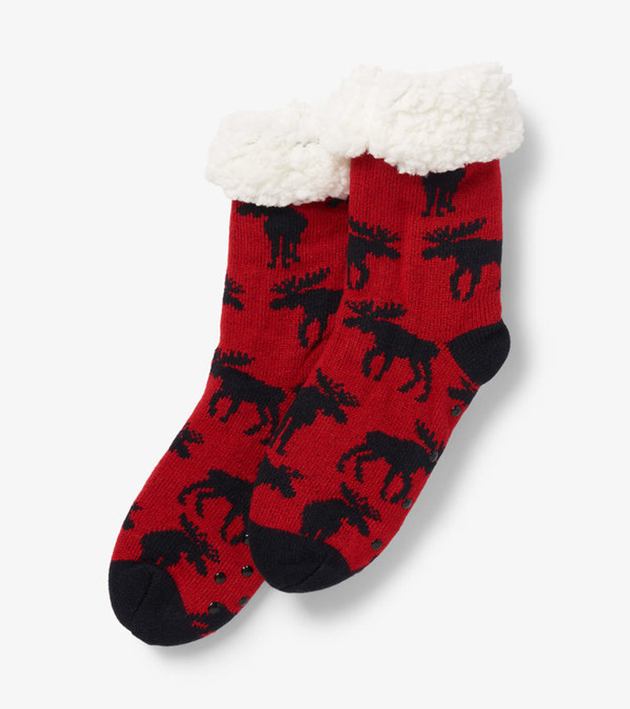 Cozy slipper socks with sherpa lining - Reindeer. Colour: red. Size: 6-10