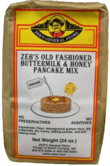 Made exclusively for Zeb's General Store by the Kenyon Corn Meal Co in Usquepaugh RI. Kenyon is the oldest continually operated grist mill in the country. Zeb's pancake mix is stone ground like all of Kenyon's meal product. The entire kernel is ground which enhances the quality of the meal. This is in contrast to large commercial processes which extract various components of the kernel and leave it to huge metal grinders to crush the grain. This is one of our favorite pancake mixes and is sure to be a hit with everyone.
24 oz.