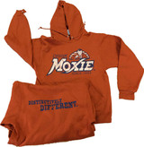 Moxie distressed hoodie. Jerzees 50/50 blend printed with reflex blue and off-white ink.