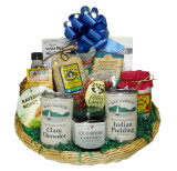 Bringing together our favorite New England products, this basket includes; Dennymike's Fintastic Dry Rub, Brown Family Farm Maple Candy, Magnificent Meatloaf Mix, New England Clam Chowder, Boston Baked Beans, New England Cranberry Chutney, Zeb's Old Fashioned Baked Beans, Indian Pudding, Halladay's Lobster Bisque Mix, Highland Farm's Organic Maple Syrup, Zeb's Apple Crisp Mix, Bar Harbor Jam's Blueberry Pancake Mix, and Westminster Oyster Crackers! Delicious!