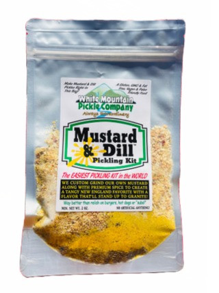 The easiest pickling kit in the world is a brilliant "Make-in-the-bag" concept! Using a high quality food-grade bag and spice mixes that are ready when you are. Everything you need except the pickling cucumbers, a cup of vinegar and water is literally in the bag. Once you make your own, you'll never settle for store bought again.


White Mountain Pickle Company's® tangy New Hampshire favorite with a flavor that'll stand up to granite! 
Food-grade bag
Directions on back of packaging
Ready to use
Made in the USA
All-natural and free of any preservatives, dyes or anti-caking agents.
2. oz