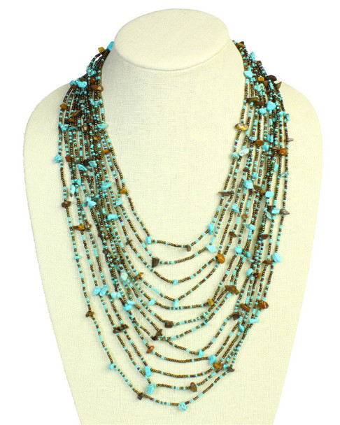 Turquoise and Bronze Cascade Necklace - Woven Bead Crystals