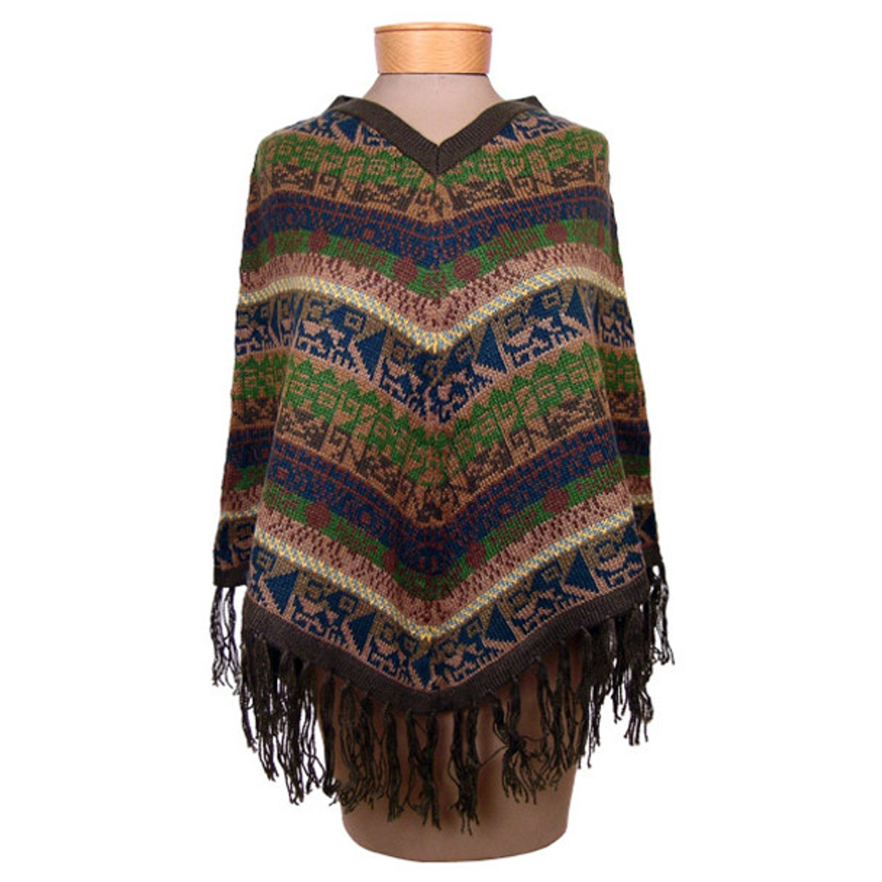 Multi-Color Striped 100% Alpaca Wool Knit Fringed Poncho