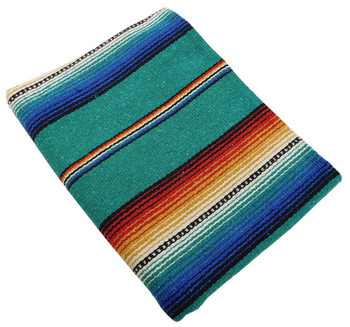 Teal Striped Yoga Roll Blanket - Sarape Cotton Heavy Weave (56" x 74") for Picnics