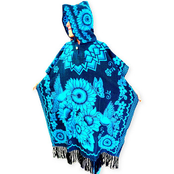 Reversible Woven Poncho - Flowers and Hummingbirds Two-Tone Pattern Hooded Adult One Size