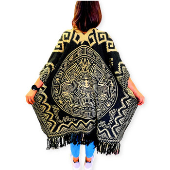 Aztec Calendar Reversible Woven Poncho - Two-Tone Pattern Hooded Adult One Size