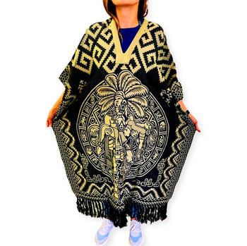 Aztec Calendar Reversible Woven Poncho - Two-Tone Pattern Hooded Adult One Size