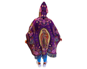 Virgin of Guadalupe Reversible Woven Poncho - Two-Tone Pattern Hooded Adult Aluminum Art