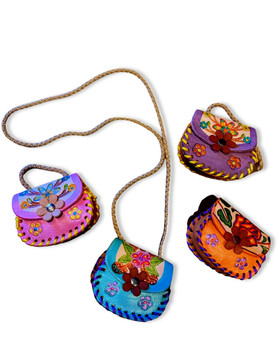 Small Multicolored Floral Leather Purse Tooled Handcrafted 4" x 4" with Strap Snap Closure
