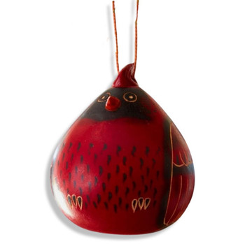 Cardinal Gourd Ornaments - Red and Black Hand Carved Natural Colors