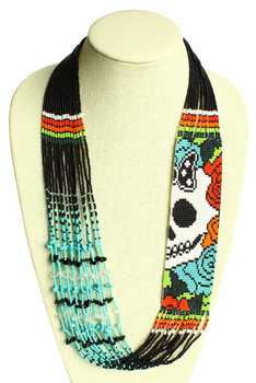 Hand-Beaded Superfine Necklace - Magnetic Clasp 2.5" x 22" Long Glass Day of the Dead Hand-Beaded Superfine Necklace - Magnetic Clasp 2.5" x 22" Long Glass Day of the Dead