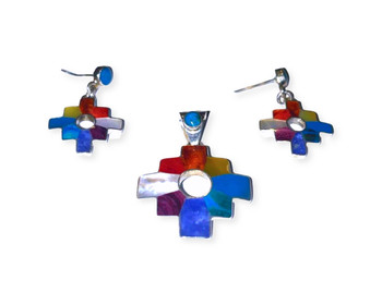 Sterling Silver Inlaid Pendant Earrings Set - Stones Chacana Inca Design 2.25" Diameter